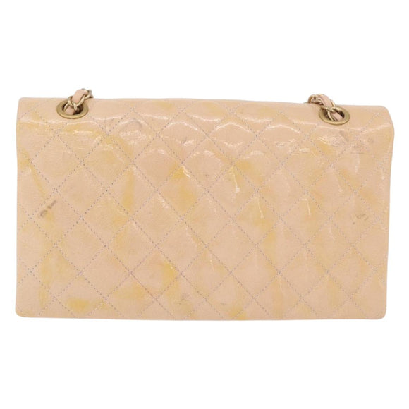 CHANEL Matelasse Chain Shoulder Bag Patent leather Beige Gold CC Auth 179868A