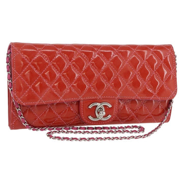 CHANEL Matelasse Chain Shoulder Bag Patent leather Red Silver CC Auth 179869