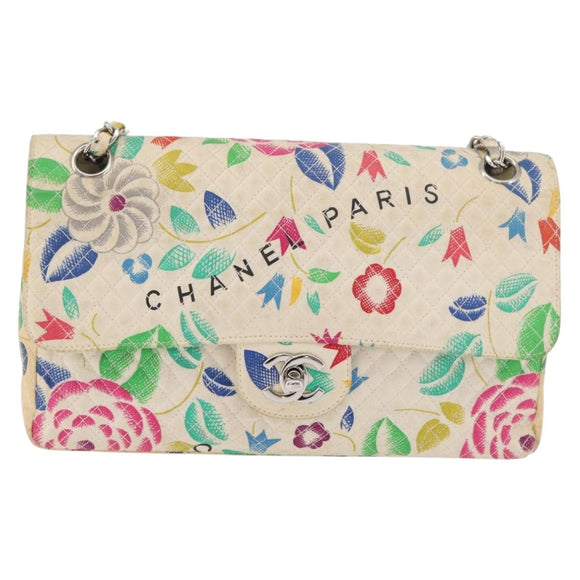 CHANEL Matelasse 26 Chain Shoulder Bag Cotton White Silver CC Auth 179872A