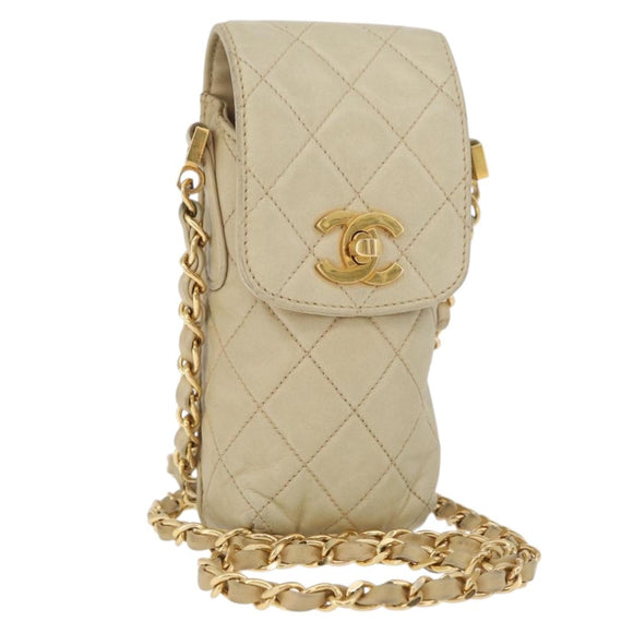CHANEL Matelasse Chain Shoulder Bag Lamb Skin Beige Gold CC Auth 179876A