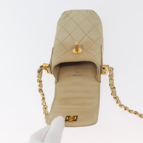CHANEL Matelasse Chain Shoulder Bag Lamb Skin Beige Gold CC Auth 179876A