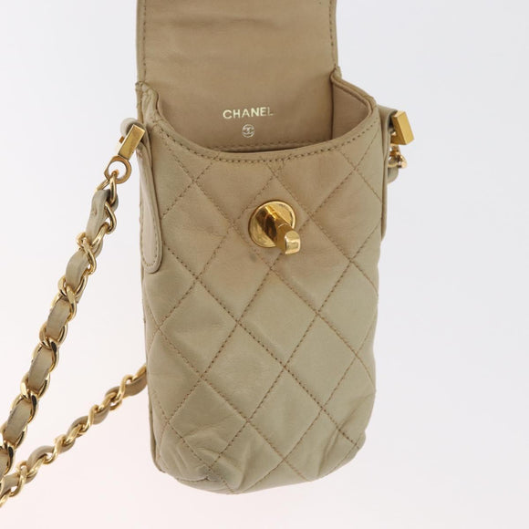 CHANEL Matelasse Chain Shoulder Bag Lamb Skin Beige Gold CC Auth 179876A