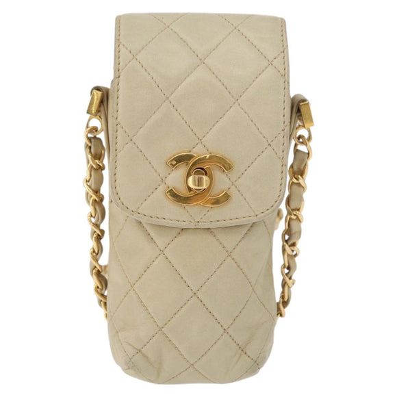 CHANEL Matelasse Chain Shoulder Bag Lamb Skin Beige Gold CC Auth 179876A
