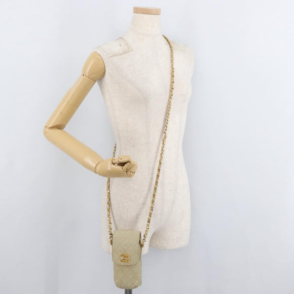 CHANEL Matelasse Chain Shoulder Bag Lamb Skin Beige Gold CC Auth 179876A