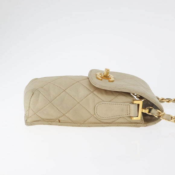 CHANEL Matelasse Chain Shoulder Bag Lamb Skin Beige Gold CC Auth 179876A