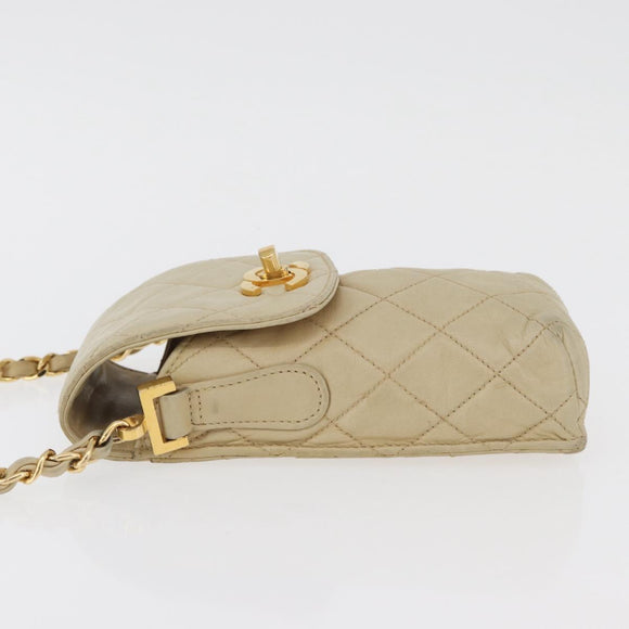 CHANEL Matelasse Chain Shoulder Bag Lamb Skin Beige Gold CC Auth 179876A