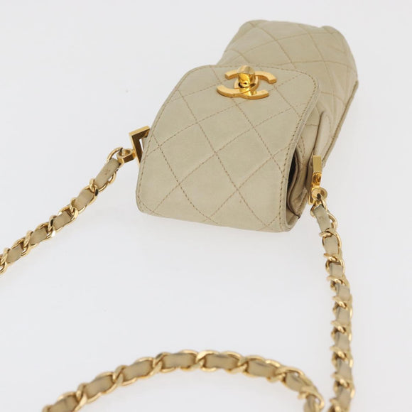 CHANEL Matelasse Chain Shoulder Bag Lamb Skin Beige Gold CC Auth 179876A