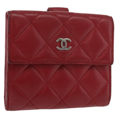 CHANEL Matelasse Compact Wallet Lamb Skin Red Silver CC Auth 179886A