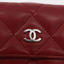CHANEL Matelasse Compact Wallet Lamb Skin Red Silver CC Auth 179886A-18