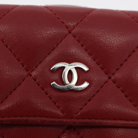 CHANEL Matelasse Compact Wallet Lamb Skin Red Silver CC Auth 179886A