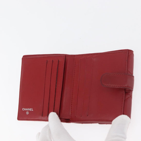 CHANEL Matelasse Compact Wallet Lamb Skin Red Silver CC Auth 179886A