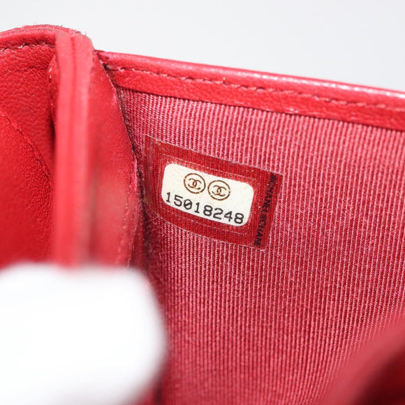 CHANEL Matelasse Compact Wallet Lamb Skin Red Silver CC Auth 179886A