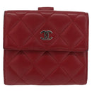 CHANEL Matelasse Compact Wallet Lamb Skin Red Silver CC Auth 179886A-13