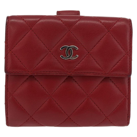 CHANEL Matelasse Compact Wallet Lamb Skin Red Silver CC Auth 179886A