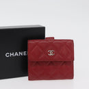 CHANEL Matelasse Compact Wallet Lamb Skin Red Silver CC Auth 179886A-12