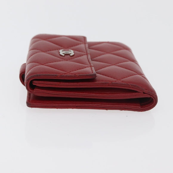 CHANEL Matelasse Compact Wallet Lamb Skin Red Silver CC Auth 179886A