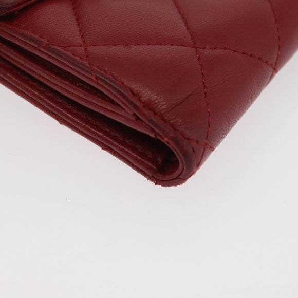 CHANEL Matelasse Compact Wallet Lamb Skin Red Silver CC Auth 179886A