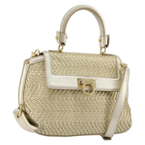 Salvatore Ferragamo Sofia Gancini Hand Bag Leather 2way Gold Auth 179912A