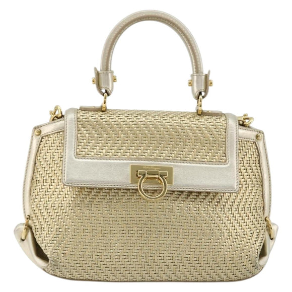 Salvatore Ferragamo Sofia Gancini Hand Bag Leather 2way Gold Auth 179912A