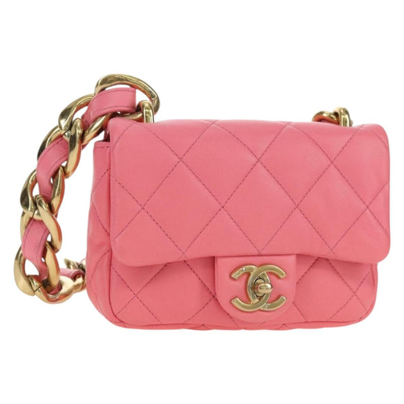 CHANEL Matelasse Chain Shoulder Bag Lamb Skin Gold Pink CC Auth 179920SAM