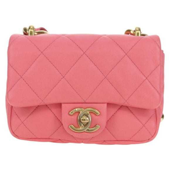 CHANEL Matelasse Chain Shoulder Bag Lamb Skin Gold Pink CC Auth 179920SAM