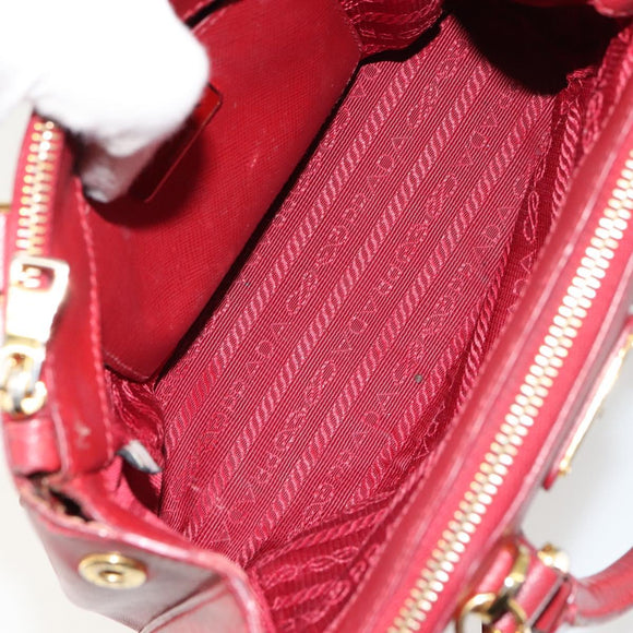 PRADA Handtas Safiano leer 2-weg Rood Goud Authenticatie 179933