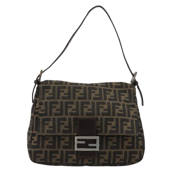 FENDI Zucca Canvas Mamma Baguette Shoulder Bag Black Brown Auth 179939A