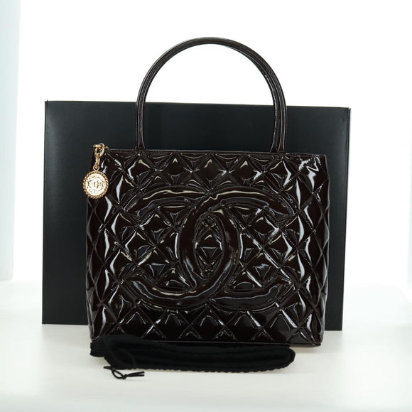 CHANEL Matelasse Reprint Tote Bag Patent leather Dark Brown Gold CC Auth 179958V