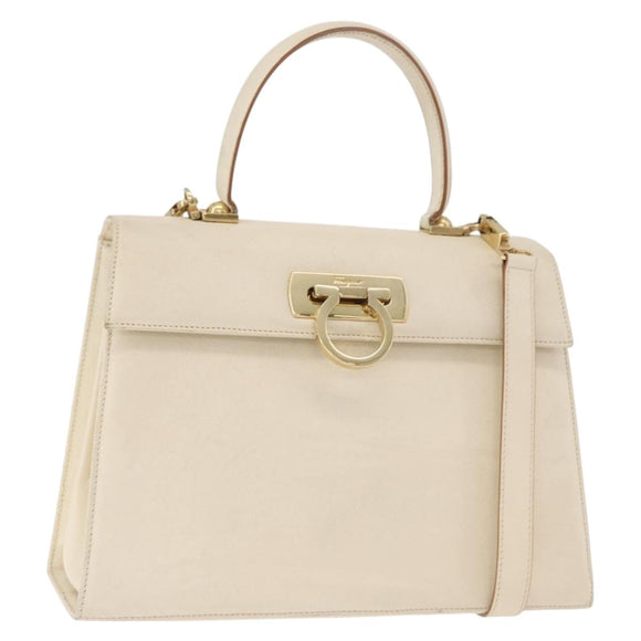 Salvatore Ferragamo Gancini Handtas Leer 2way Wit Goud Auth 179959