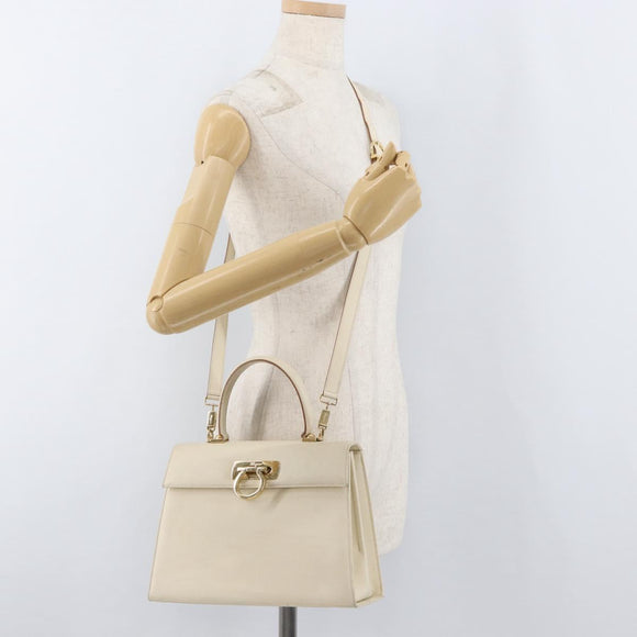 Salvatore Ferragamo Gancini Handtas Leer 2way Wit Goud Auth 179959