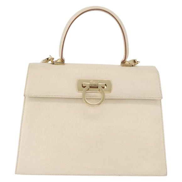 Salvatore Ferragamo Gancini Handtas Leer 2way Wit Goud Auth 179959