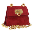 Salvatore Ferragamo Chain Gancini Shoulder Bag Suede Red Gold Auth 179999-1