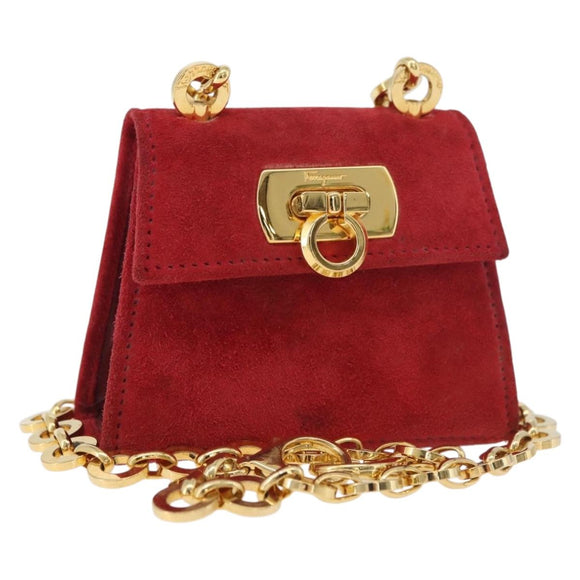 Salvatore Ferragamo Chain Gancini Shoulder Bag Suede Red Gold Auth 179999