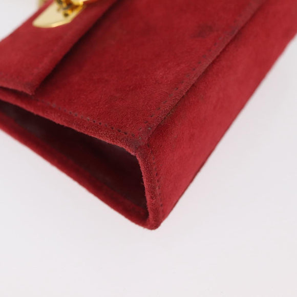 Salvatore Ferragamo Chain Gancini Shoulder Bag Suede Red Gold Auth 179999
