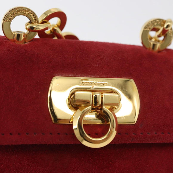 Salvatore Ferragamo Chain Gancini Shoulder Bag Suede Red Gold Auth 179999