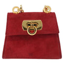 Salvatore Ferragamo Chain Gancini Shoulder Bag Suede Red Gold Auth 179999-13