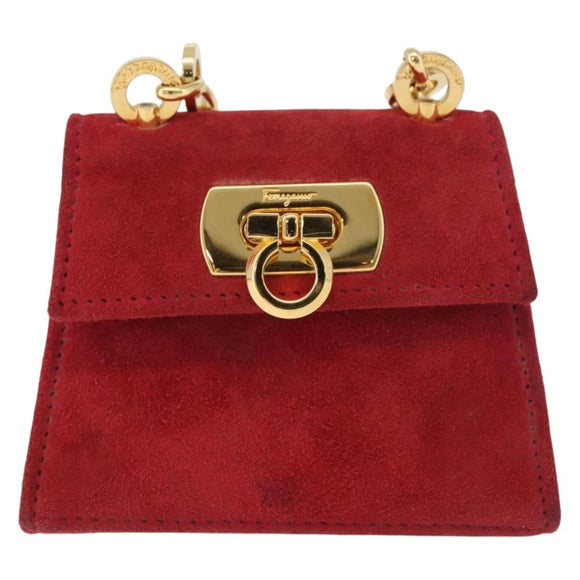 Salvatore Ferragamo Chain Gancini Shoulder Bag Suede Red Gold Auth 179999
