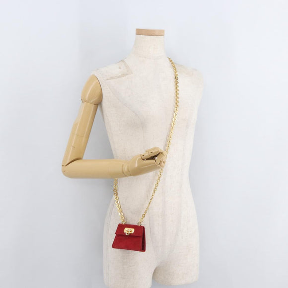 Salvatore Ferragamo Chain Gancini Shoulder Bag Suede Red Gold Auth 179999
