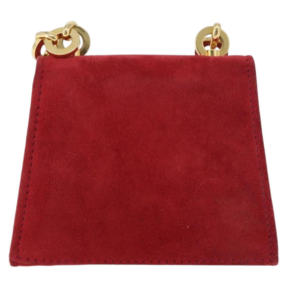 Salvatore Ferragamo Chain Gancini Shoulder Bag Suede Red Gold Auth 179999