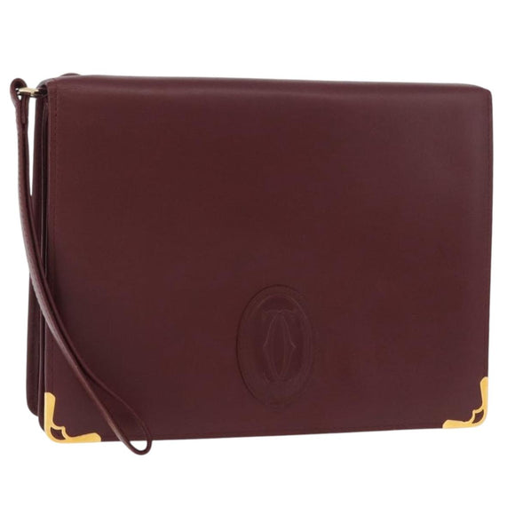 CARTIER Must Line Clutch Tas Leer Bordeaux Goud Auth 180014