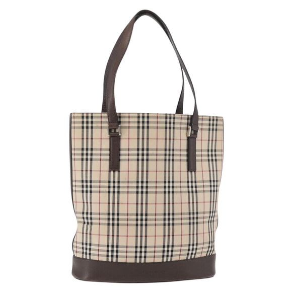 BURBERRY Nova Check Tote Bag Canvas Leather Beige Silver Auth 180030