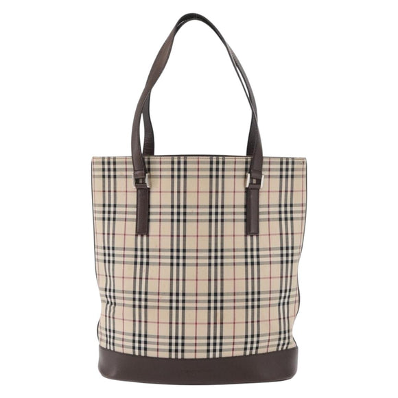 BURBERRY Nova Check Tote Bag Canvas Leather Beige Silver Auth 180030
