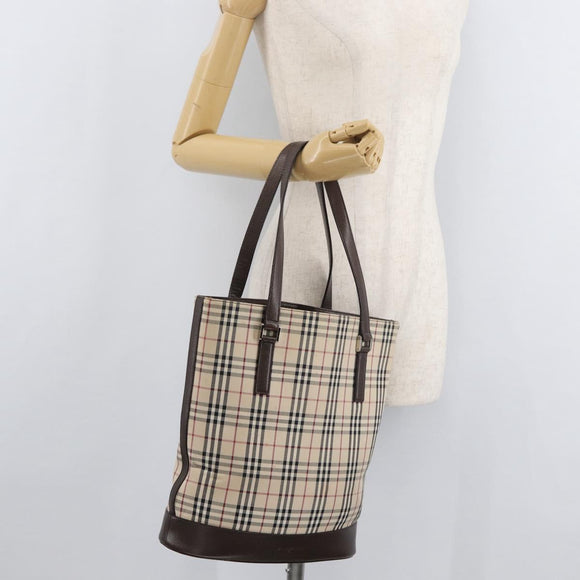 BURBERRY Nova Check Tote Bag Canvas Leather Beige Silver Auth 180030