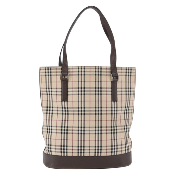 BURBERRY Nova Check Tote Bag Canvas Leather Beige Silver Auth 180030