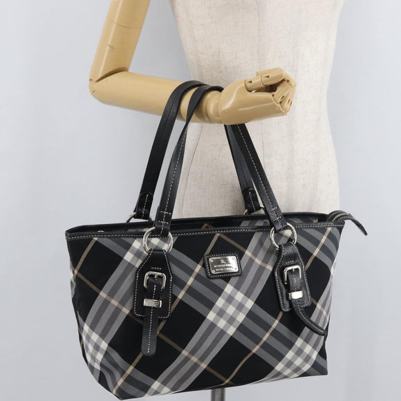 BURBERRY Nova Check Blue Label Tote Bag Nylon Black Silver Auth 180034