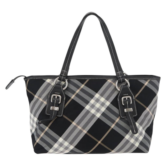BURBERRY Nova Check Blue Label Tote Bag Nylon Black Silver Auth 180034