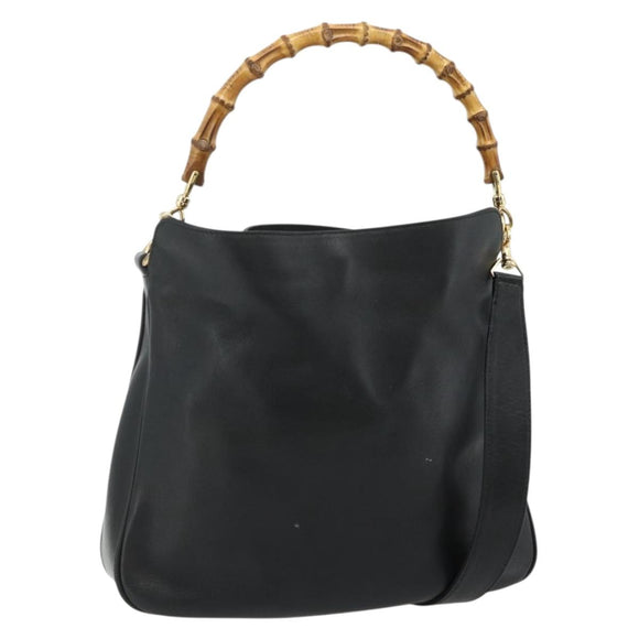 GUCCI Bamboo Shoulder Bag Leather 2way Black Gold 001 1705 1638 Auth 180041