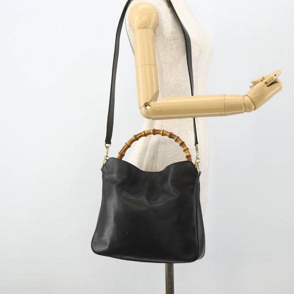 GUCCI Bamboo Shoulder Bag Leather 2way Black Gold 001 1705 1638 Auth 180041