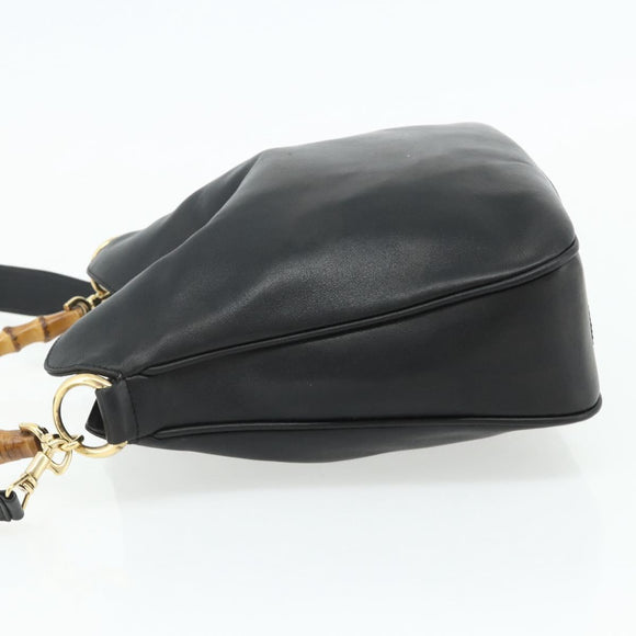 GUCCI Bamboo Shoulder Bag Leather 2way Black Gold 001 1705 1638 Auth 180041
