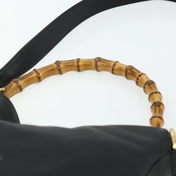 GUCCI Bamboo Shoulder Bag Leather 2way Black Gold 001 1705 1638 Auth 180041